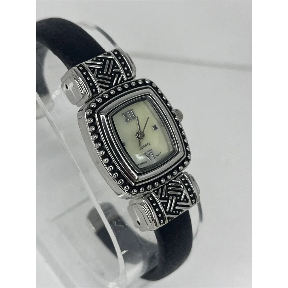 Women's Quartz Watch Silver‎ 22mm Case Black Hinge Band- New Battery